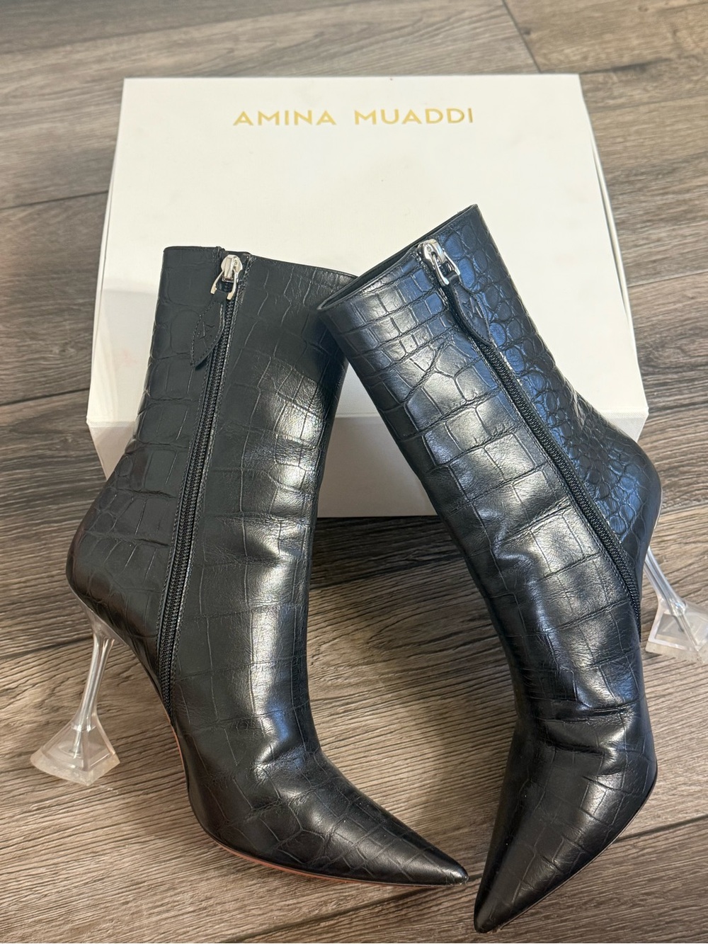 Amina Muaddi Giorgia Black Croc-Embossed Ankle Boots - 38